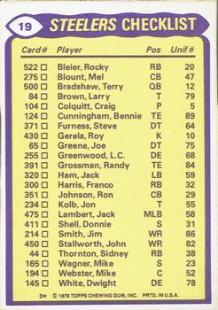 1979 Topps - Checklist Sheet Singles #19 Steelers Team Leaders Back