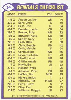 1979 Topps - Checklist Sheet Singles #94 Bengals Team Leaders Back
