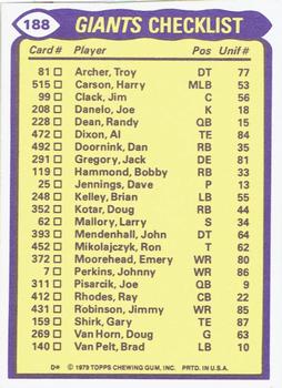 1979 Topps - Checklist Sheet Singles #188 Giants Team Leaders Back