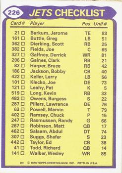 1979 Topps - Checklist Sheet Singles #226 Jets Team Leaders Back