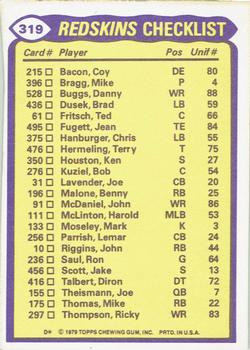 1979 Topps - Checklist Sheet Singles #319 Redskins Team Leaders Back