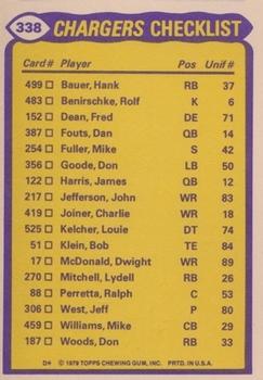 1979 Topps - Checklist Sheet Singles #338 Chargers Team Leaders Back