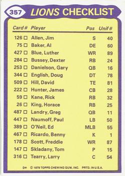 1979 Topps - Checklist Sheet Singles #357 Lions Team Leaders Back