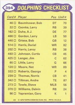 1979 Topps - Checklist Sheet Singles #394 Dolphins Team Leaders Back