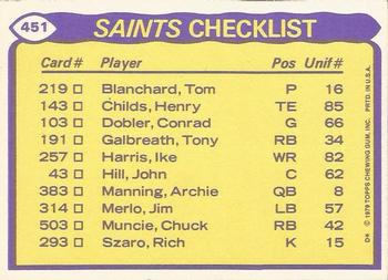 1979 Topps - Checklist Sheet Singles #451 Saints Team Leaders Back