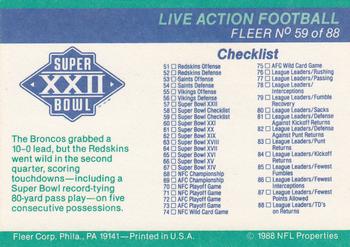 1988 Fleer Team Action #59 Super Bowl XXII / Checklist Back