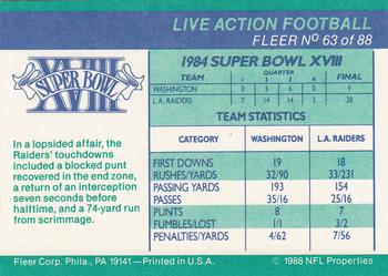 1988 Fleer Team Action #63 Super Bowl XVIII Back