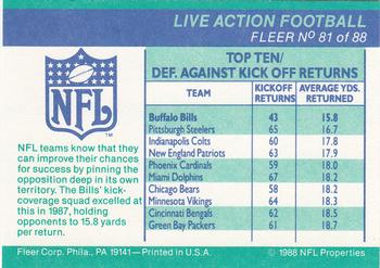 1988 Fleer Team Action #81 Defense Against Kickoff Returns Back