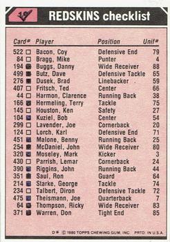 1980 Topps - Team Checklists #19 John Riggins / Danny Buggs / Joe Lavender / Coy Bacon Back
