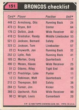 1980 Topps - Team Checklists #151 Otis Armstrong / Rick Upchurch / Steve Foley / Brison Manor Back