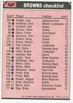 1980 Topps - Team Checklists #376 Mike Pruitt / Dave Logan / Thom Darden / Jerry Sherk Back