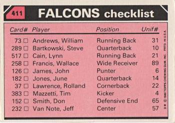 1980 Topps - Team Checklists #411 William Andrews / Wallace Francis / Rolland Lawrence / Don Smith (DL) Back