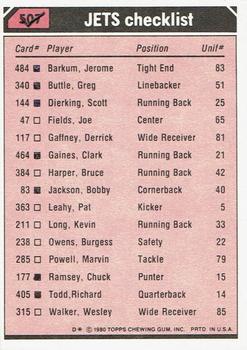 1980 Topps - Team Checklists #507 Clark Gaines / Wesley Walker / Burgess Owens / Joe Klecko Back