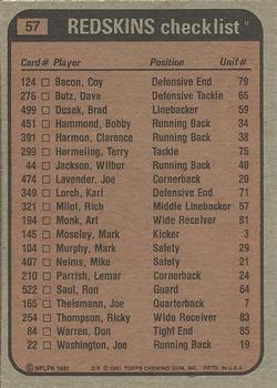 1981 Topps - Team Checklists #57 Wilbur Jackson / Art Monk / Lemar Parrish / Coy Bacon Back