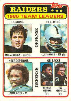1981 Topps - Team Checklists #359 Mark Van Eeghen / Cliff Branch / Lester Hayes / Cedrick Hardman / Ted Hendricks Front