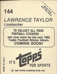1982 Topps - Coming Soon Stickers #144 Lawrence Taylor Back
