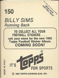 1982 Topps - Coming Soon Stickers #150 Billy Sims Back