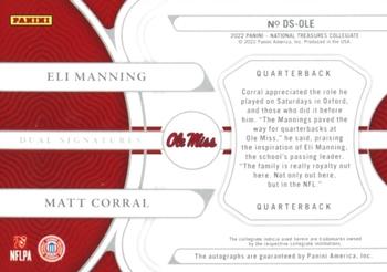 2022 Panini National Treasures Collegiate - Dual Signatures #DS-OLE Eli Manning / Matt Corral Back