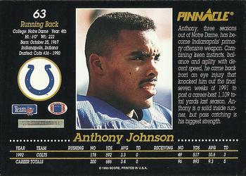 1993 Pinnacle #63 Anthony Johnson Back