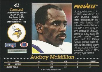 1993 Pinnacle #41 Audray McMillian Back