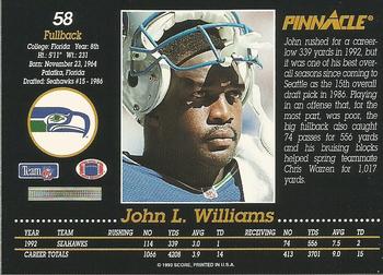 1993 Pinnacle #58 John L. Williams Back