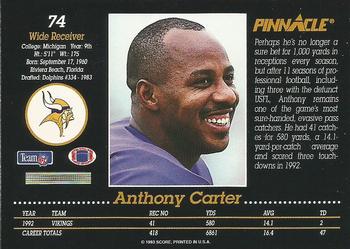 1993 Pinnacle #74 Anthony Carter Back