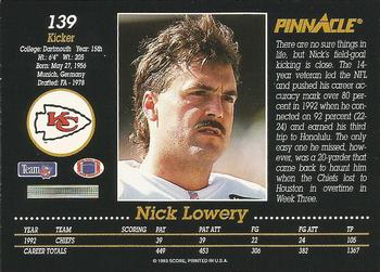 1993 Pinnacle #139 Nick Lowery Back