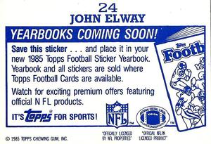 1985 Topps - Yearbooks Coming Soon Stickers #24 John Elway Back