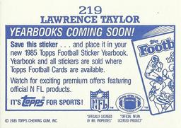 1985 Topps - Yearbooks Coming Soon Stickers #219 Lawrence Taylor Back