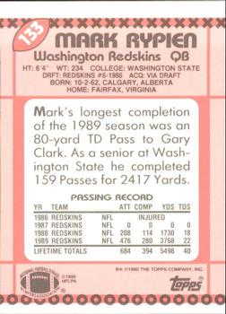 1990 Topps - Collector's Edition (Tiffany) #133 Mark Rypien Back