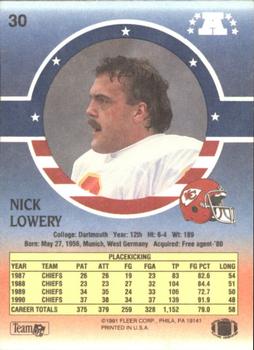 1991 Fleer Stars 'n Stripes #30 Nick Lowery Back