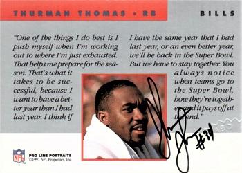 1991 Pro Line Portraits - Autographs #NNO Thurman Thomas Back