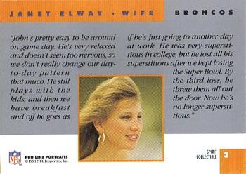 1991 Pro Line Portraits - Spirit Wives #3 Janet Elway Back
