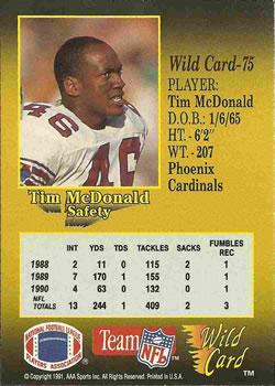 1991 Wild Card - 10 Stripe #75 Tim McDonald Back