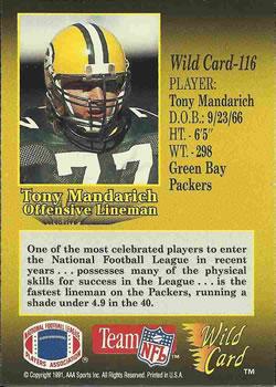 1991 Wild Card - 10 Stripe #116 Tony Mandarich Back