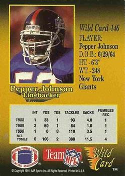1991 Wild Card - 10 Stripe #146 Pepper Johnson Back