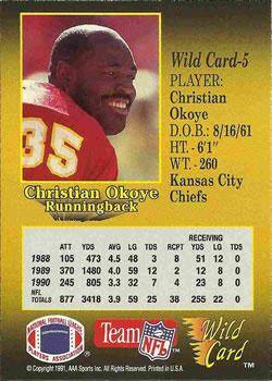 1991 Wild Card - 100 Stripe #5 Christian Okoye Back