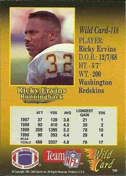 1991 Wild Card - 100 Stripe #118 Ricky Ervins Back