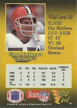 1991 Wild Card - 100 Stripe #132 Clay Matthews Back