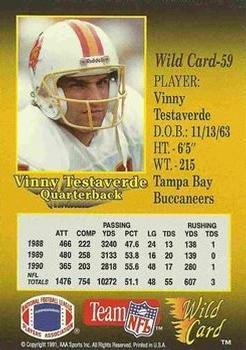 1991 Wild Card - 20 Stripe #59 Vinny Testaverde Back