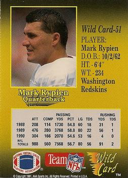 1991 Wild Card - 5 Stripe #51 Mark Rypien Back