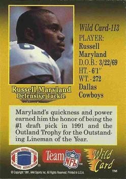 1991 Wild Card - 5 Stripe #113 Russell Maryland Back