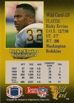 1991 Wild Card - 5 Stripe #118 Ricky Ervins Back