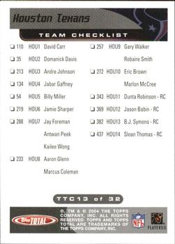 2004 Topps Total - Team Checklists #TTC13 Domanick Davis Back