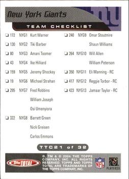 2004 Topps Total - Team Checklists #TTC21 Amani Toomer Back