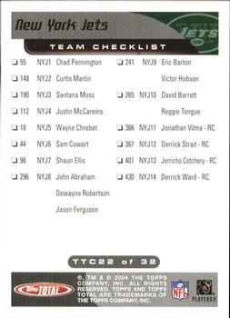 2004 Topps Total - Team Checklists #TTC22 Chad Pennington Back