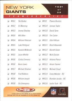 2005 Topps Total - Team Checklists #TC21 Tiki Barber Back