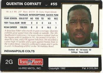1992 Action Packed Rookie/Update - 24K Gold #2G Quentin Coryatt Back