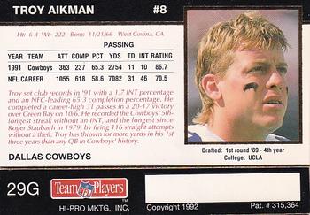1992 Action Packed Rookie/Update - 24K Gold #29G Troy Aikman Back