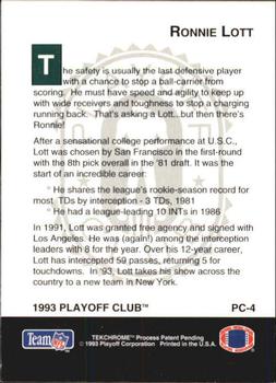 1993 Playoff - Playoff Club #PC-4 Ronnie Lott Back